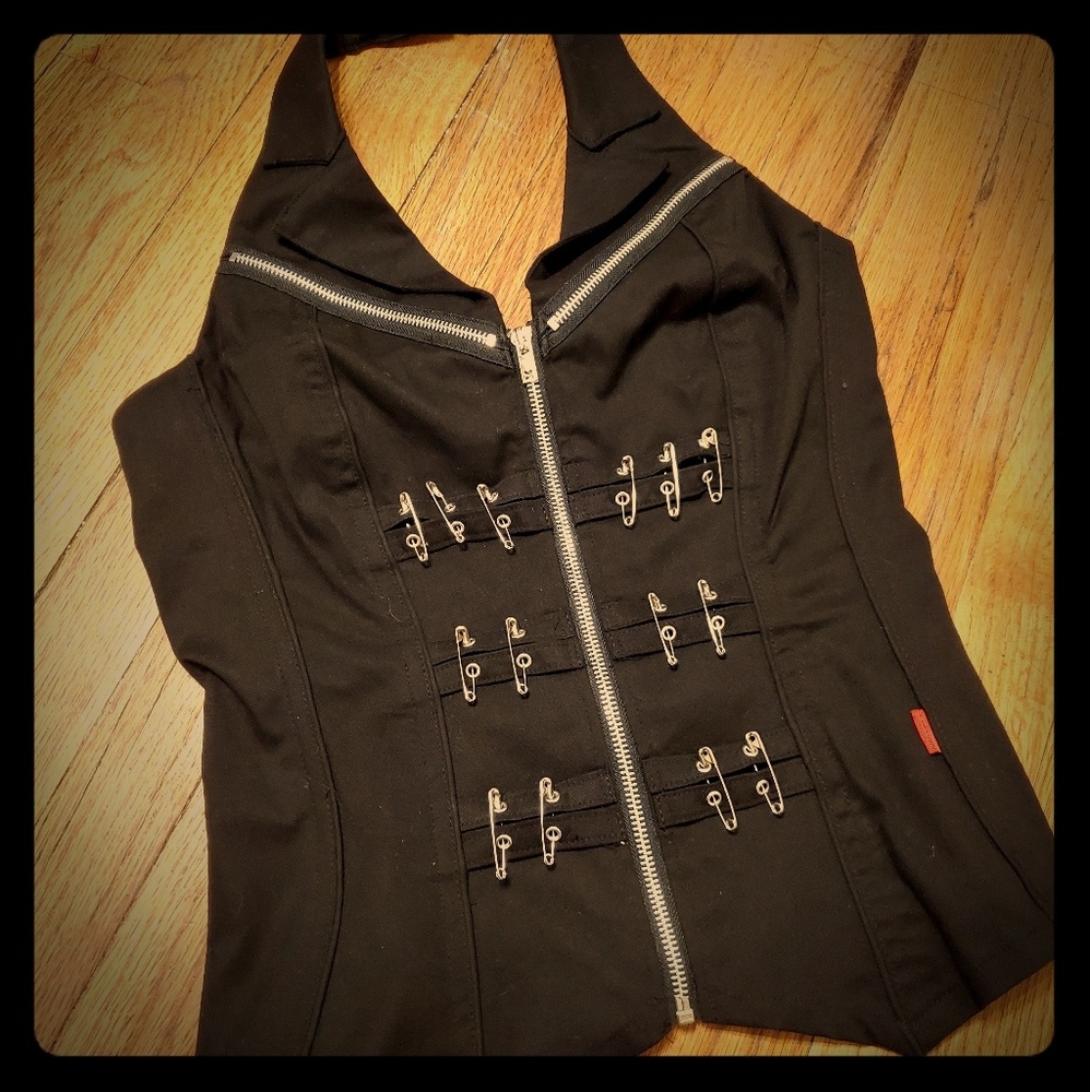 Tripp NYC zip-up safety pin embellished halter